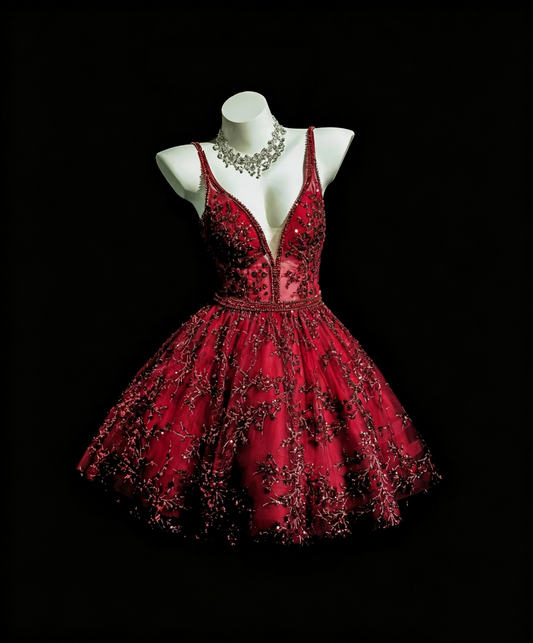 Retro Burgundy Spaghetti Straps Tulle Sequin Beaded A Line Short Homecoming Dress Birthday Outfits D3244