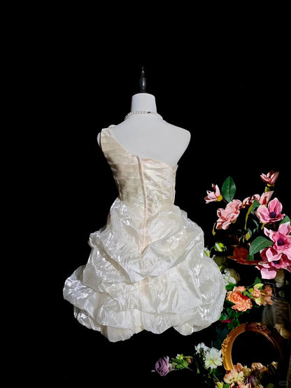 Classy One Shoulder Satin Organza Pleated Short 6th Grade Homecoming Dress Birthday Dress D3152