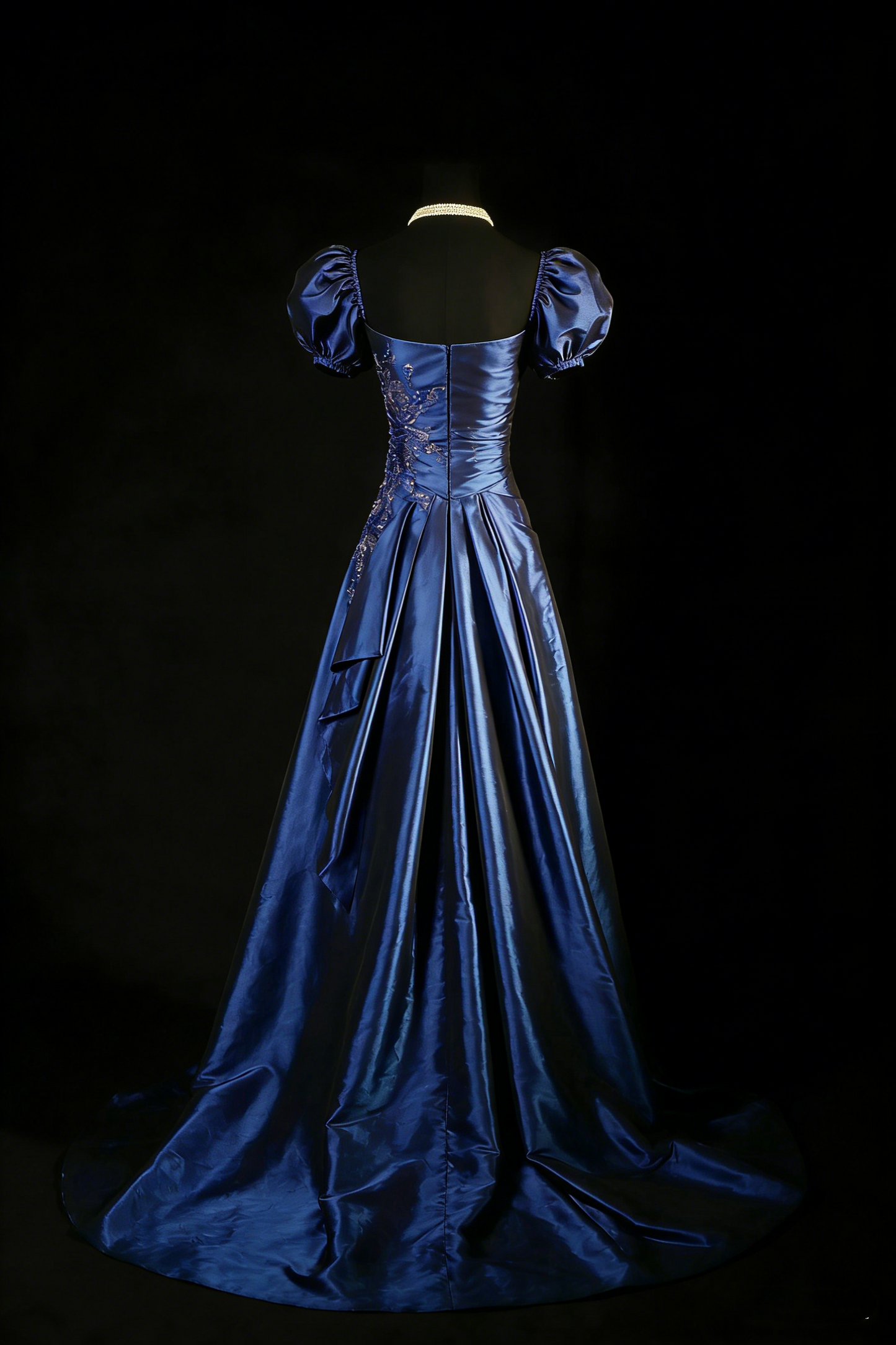 Elegant Navy Blue Satin Beaded Slit Long Prom Dresses Birthday Party Dress D2462