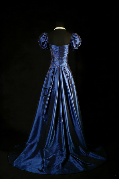 Elegant Navy Blue Satin Beaded Slit Long Prom Dresses Birthday Party Dress D2462
