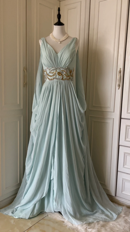 Elegant Blue V Neck Chiffon Beaded Long Evening Dress Prom Gown D3091