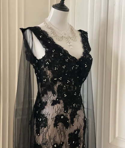 Elegant Black Lace Appliques Beaded Mermaid Evening Dress Long Birthday Prom Gown D3103