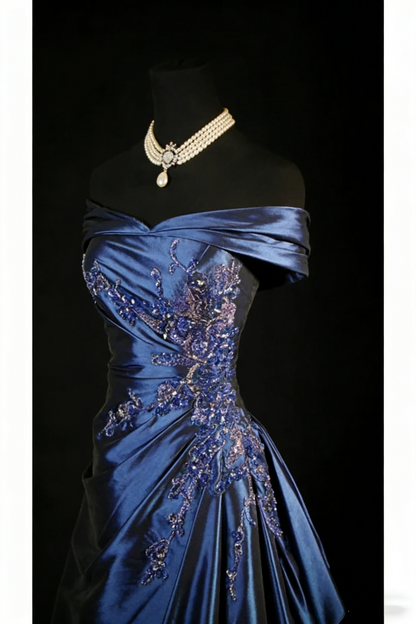 Vintage Off The Shoulder Ball Gown Navy Blue Satin Beaded Long Prom Dresses Party Dress D2461