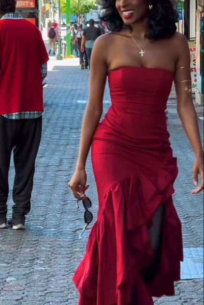 Pretty Strapless Satin Ruffles Mermaid Evening Dress Red Long Birthday Party Dress D4781