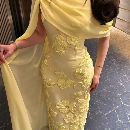 Pretty Yellow Chiffon Satin Sheath Floral Beaded Long Party Dress Evening Gown D4937