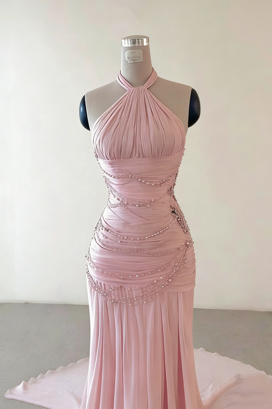 Pretty Pink Halter Chiffon Beaded Evening Gown Backless Long Prom Dresses D2463