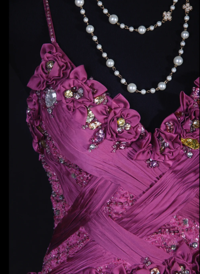 Glamorous Spaghetti Straps Satin Floral Beaded Mermaid Long Birthday Prom Dress Evening Dress D2257