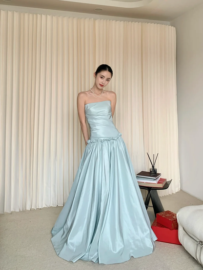 Classy Strapless Blue Satin Mermaid Long Wedding Guest Dress Formal Evening Dress Prom Gown D2483