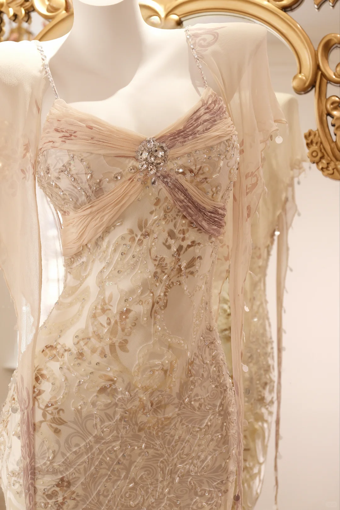 Retro Champagne Spaghetti Straps Chiffon Print Floral Beaded Long Party Dress Birthday Dress D2745