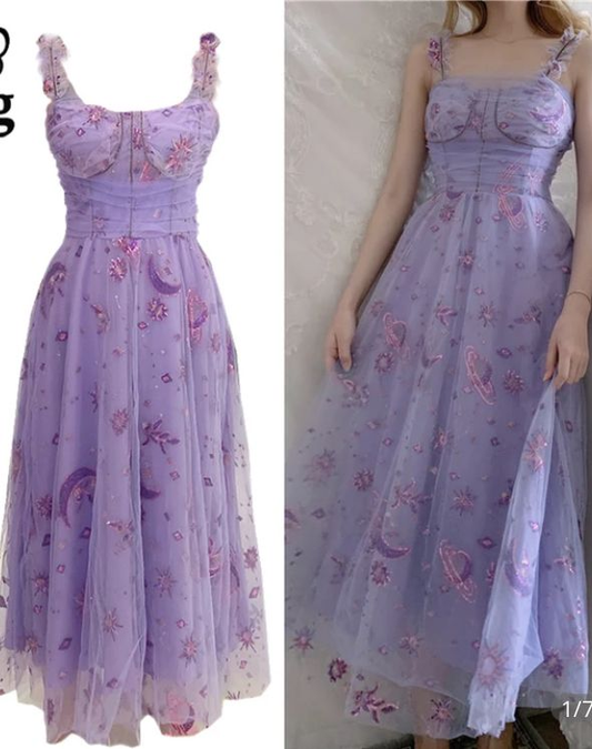 Sweet Lilac Tulle Sequin A Line Long Party Dress Prom Gown D3483