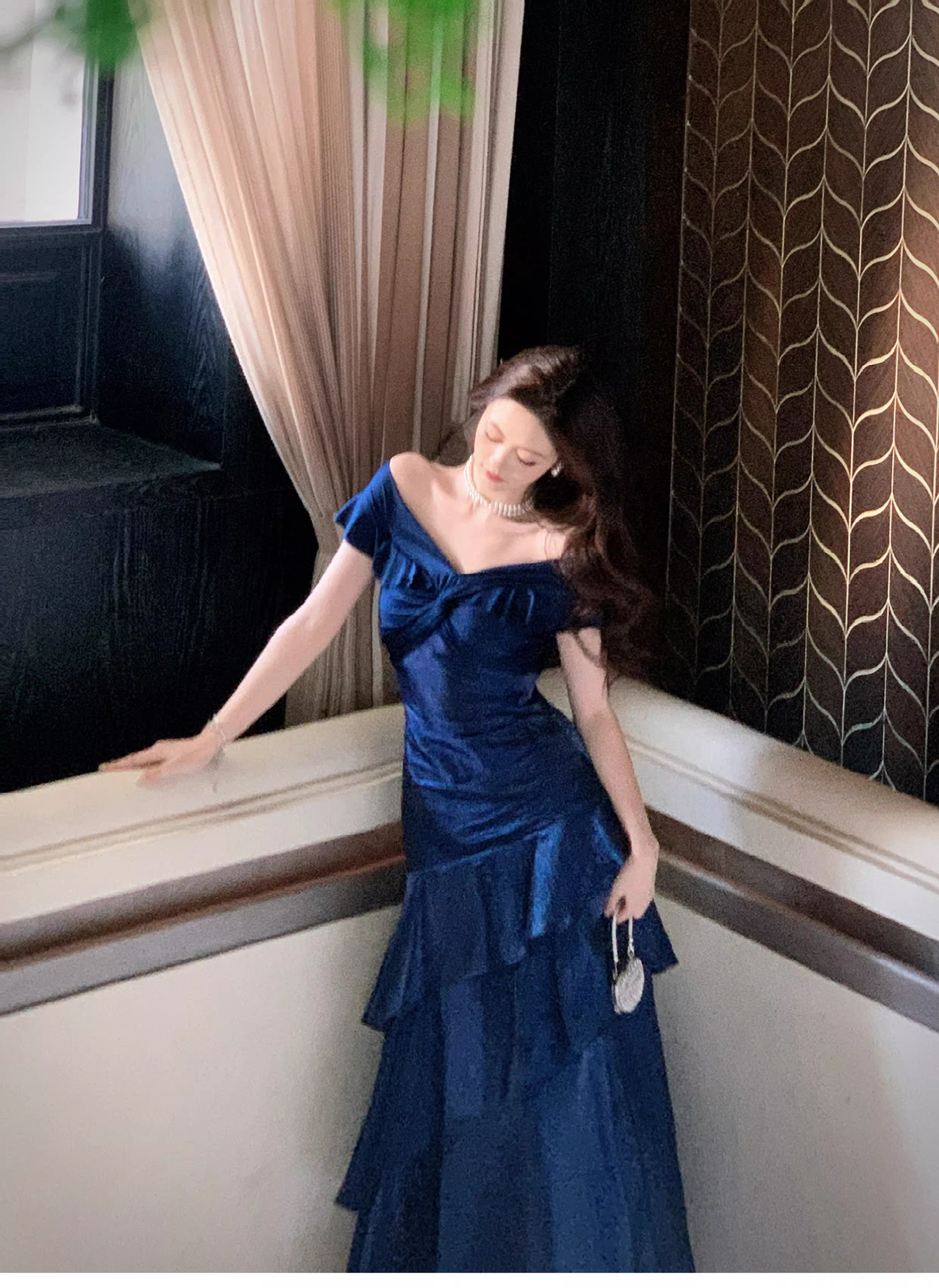 Stylish Navy Blue Off The Shoulder Satin Layered Ruffles Mermaid Long Evening Dress Prom Gown D2183