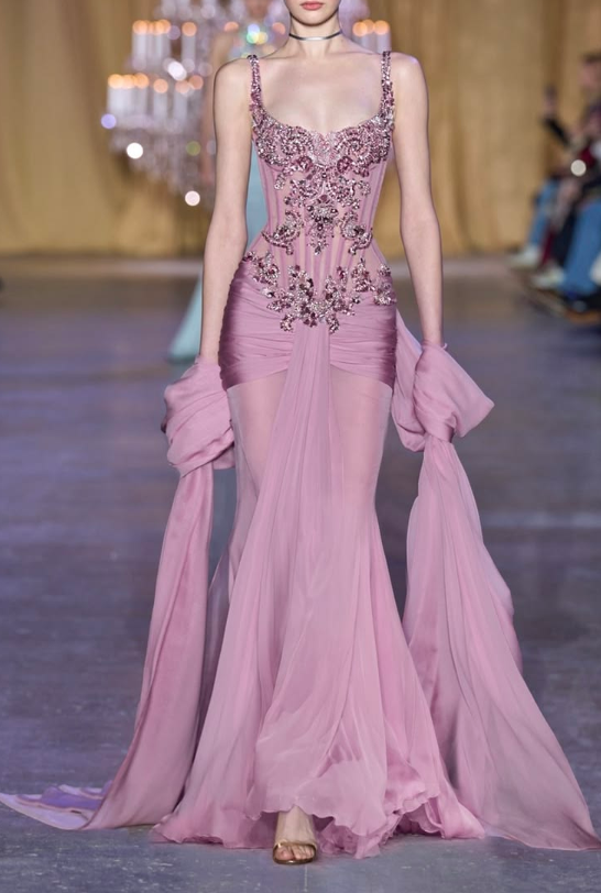 Pretty Spaghetti Straps Pink Chiffon Pleated Beaded Mermaid Long Prom Dress Birthday Party Dress D4805