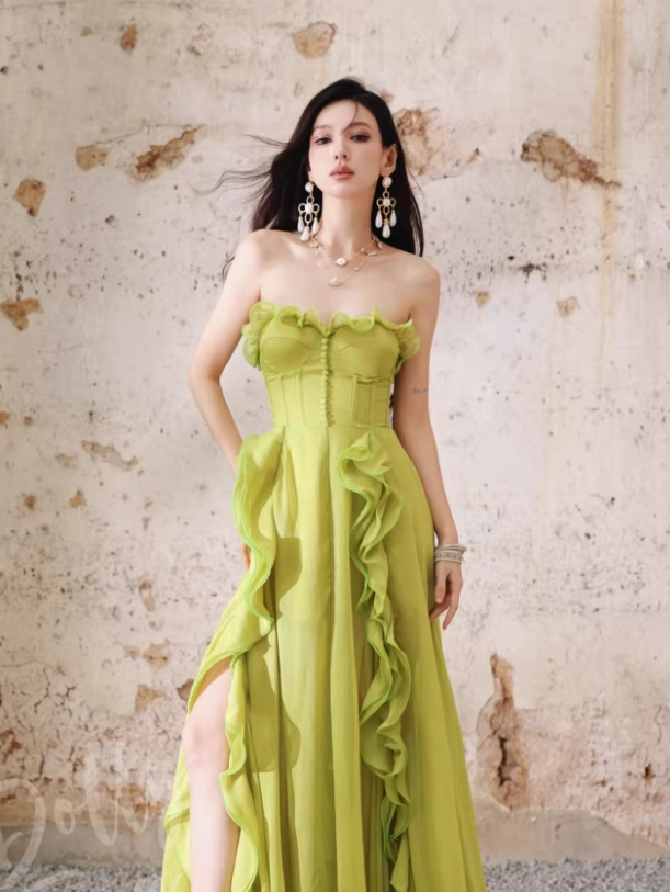 Pretty Green Strapless Chiffon Ruffled Long Evening Dress Birthday Dress D2402