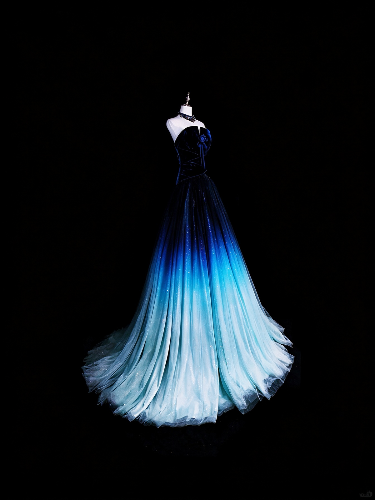 Vintage Strapless Ombre Blue Tulle Sequin Long Party Dress Evening Dress D5373