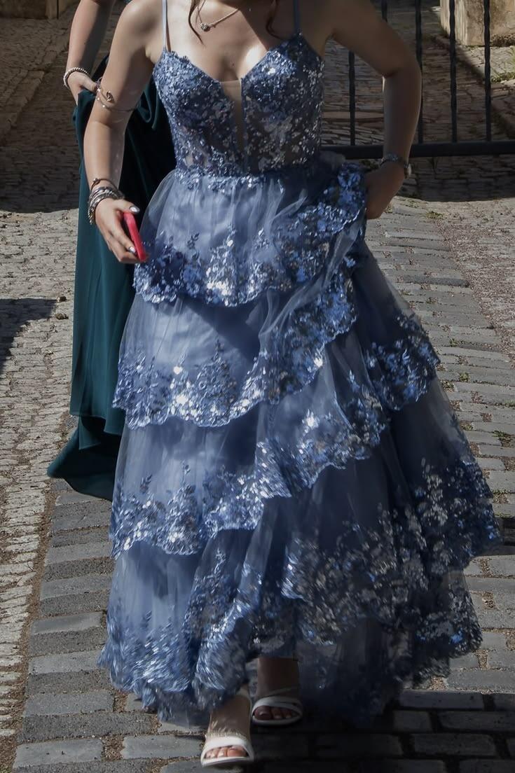 Charming Blue Tulle Sequin Layered Long Party Dress Spaghetti Straps Long Birthday Prom Dress D4319