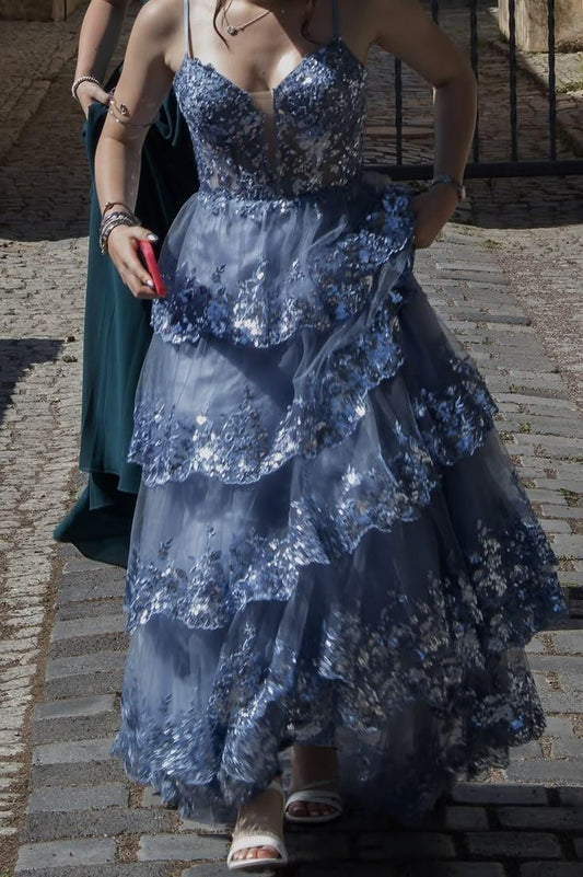 Charming Blue Tulle Sequin Layered Long Party Dress Spaghetti Straps Long Birthday Prom Dress D4319