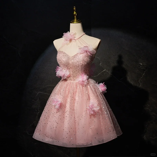 Shiny Halter Pink Tulle Sequin Flowers Short Homecoming Dress A Line 20th Birthday Outfits D593