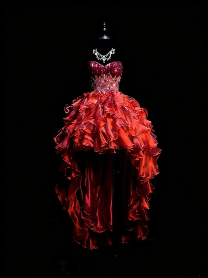 Princess Sweetheart Neck  Sequin Beaded Tulle Ruffle Tiered Long Evening Dress Red High Low Long Party Gown D4882