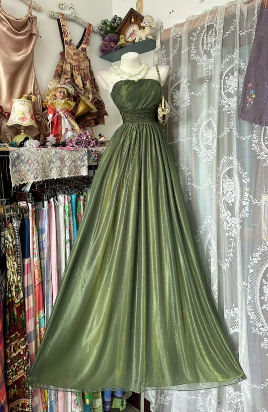 Vintage Olive Green Strapless Tulle Satin Long Party Dress Birthday Prom Dress D3213
