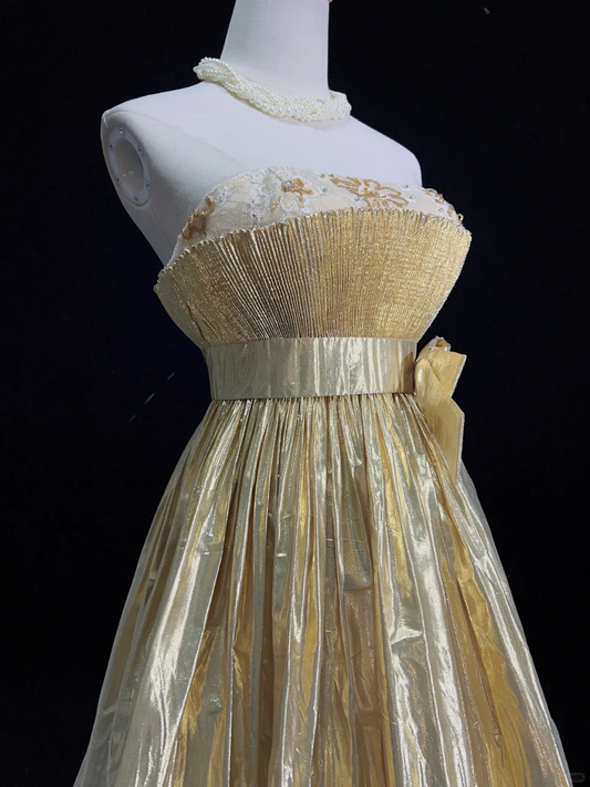 Gorgeous Gold Strapless Lace Satin Pleated A Line Short Homecoming Dress Cocktail Dress D3371