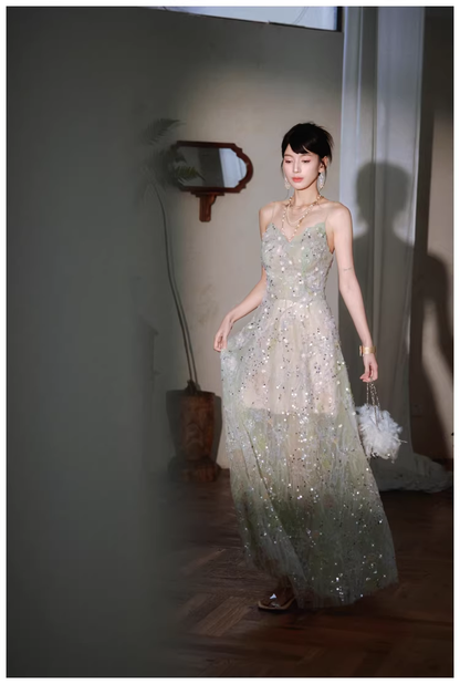 Pretty Spaghetti Straps Green Tulle Appliques A Line Long Birthday Prom Dress Evening Dress D2434