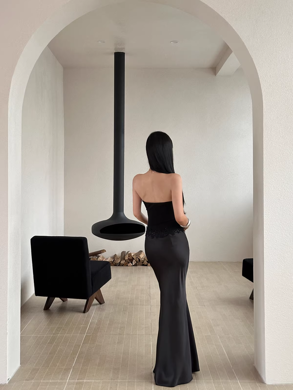 Pretty Lace Appliques Strapless Mermaid Evening Dress Party Dress,Black Satin Long Wedding Guest Dress D2089