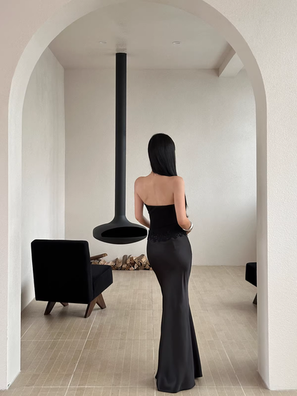 Pretty Lace Appliques Strapless Mermaid Evening Dress Party Dress,Black Satin Long Wedding Guest Dress D2089