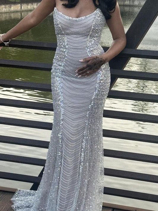 Sexy Strapless White Tulle Sequin Beaded Mermaid Evening Dress Long Birthday Prom Dress Party Gown D1920