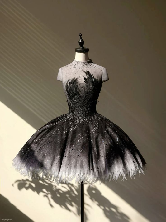 Vintage Black Tulle Sequin A Line Homecoming Dress Formal 20th Birthday Outfits D040