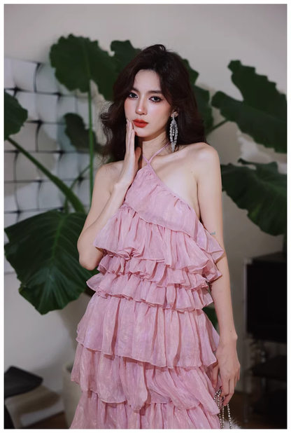 Pretty Pink Halter Chiffon Ruffle Layered Slit Long Birthday Prom Dress Evening Gown D2456