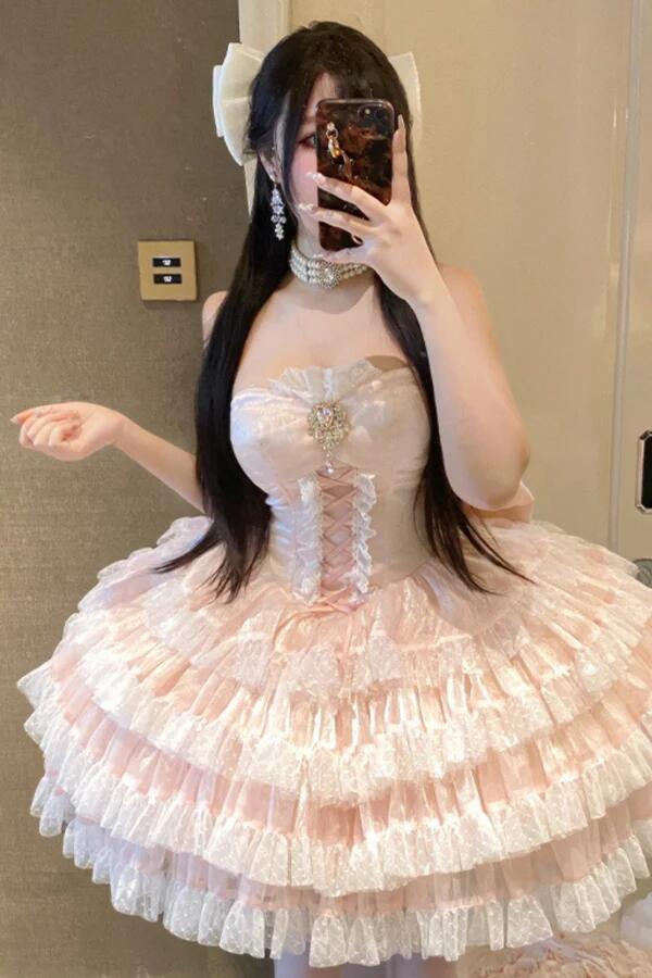 Sweet Pink Tulle Lace Layered A Line Short Homecoming Dress Birthday Outfits With Bow D3859