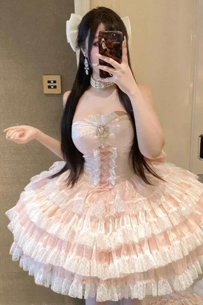 Sweet Pink Tulle Lace Layered A Line Short Homecoming Dress Birthday Outfits With Bow D3859