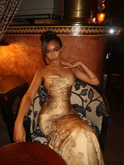 Elegant Satin Print Floral Mermaid Long Birthday Party Dress Champagne Long Evening Gown D4839