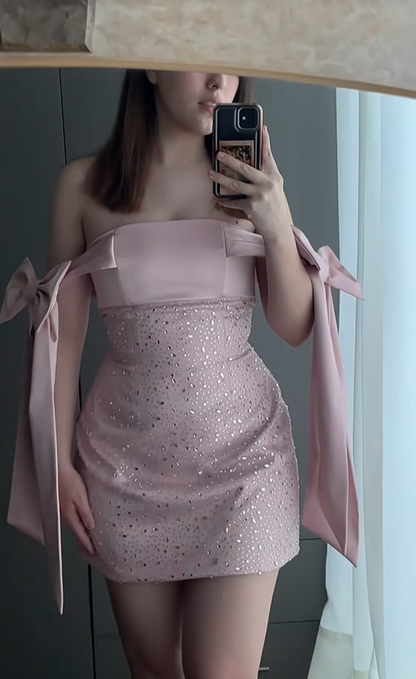 Elegant Pink Satin Beaded Sheath Short 6th Grade Homecoming Dress,Bow Strapless Mini Prom Dress D3946