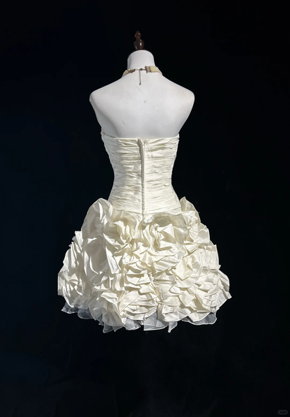 Elegant Off White Strapless Satin Pleated A Line Short 19th Birthday Outfits,Formal Graduation Homecoming Dress D3363