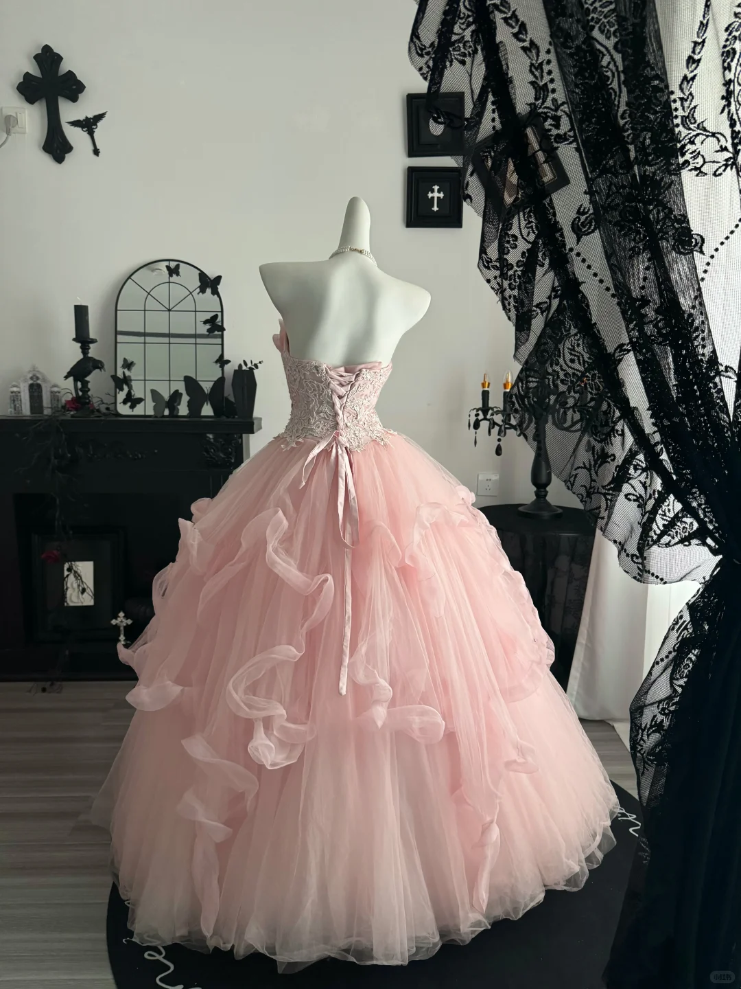 Sweet Pink Ball Gown Strapless Tulle Appliques Birthday Quinceanera Dress D3702
