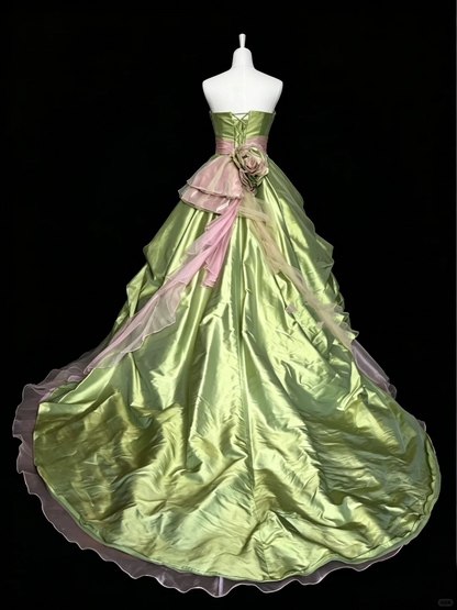 Pretty Strapless Tulle Satin Ruffles Birthday Quinceanera Dress Green Sweet 16 Dress With Flowers D5291