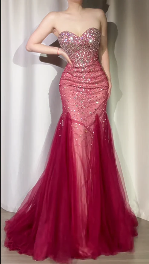 Sparkly Burgundy Strapless Tulle Beaded Mermaid Long Evening Dress Formal Birthday Party Dress D1882