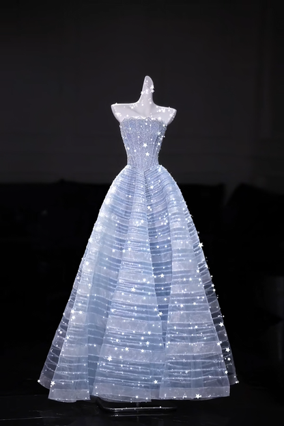 Glamorous Strapless Tulle Sequin Beaded Evening Dress Light Blue Long Birthday Party Dress D5206