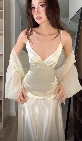 Glamorous Spaghetti Straps Light Champagne Satin A Line Party Dress Evening Dress D5322
