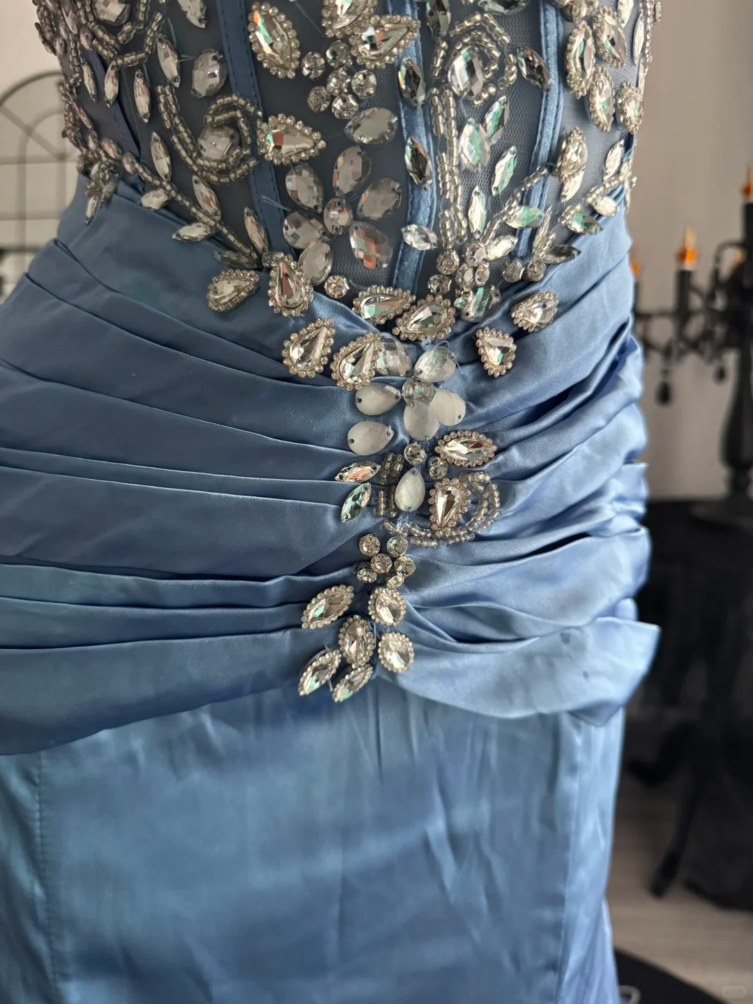 Elegant Spaghetti Straps Blue Satin Beaded Mermaid Evening Dress Long Party Gown D3703