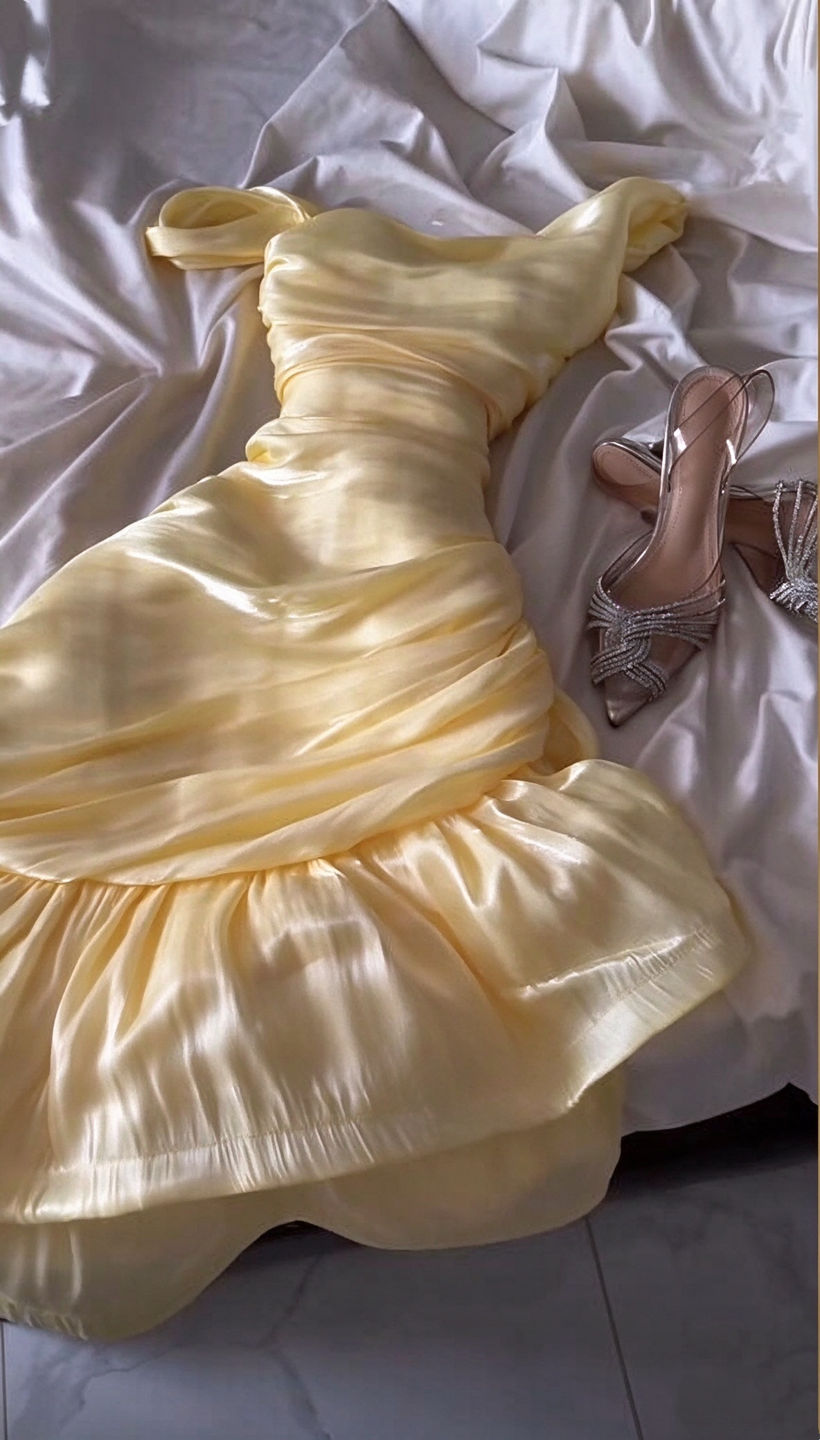 Classy Yellow Tulle Pleated Ruffles Mermaid Long Party Dress Birthday Evening Dress D4763