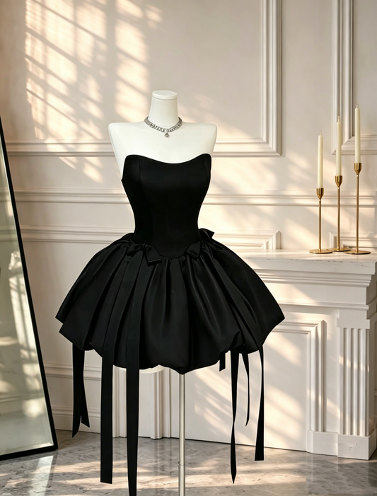 Fashion Black Cocktail Dress Strapless Satin A Line Short Party Dress Homecoming Dress D2534