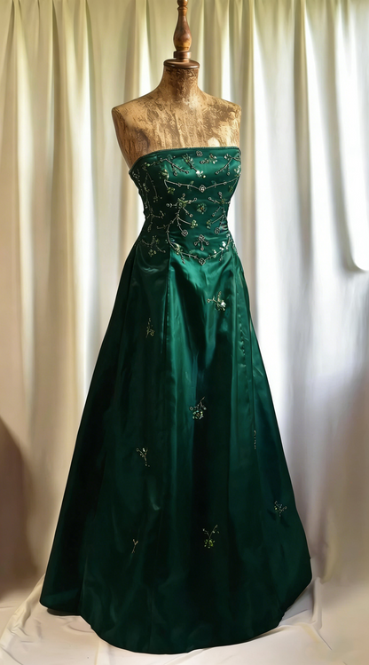 Vintage Burgundy Strapless Satin Beaded A Line Long Evening Dress Birthday Party Dress D1832