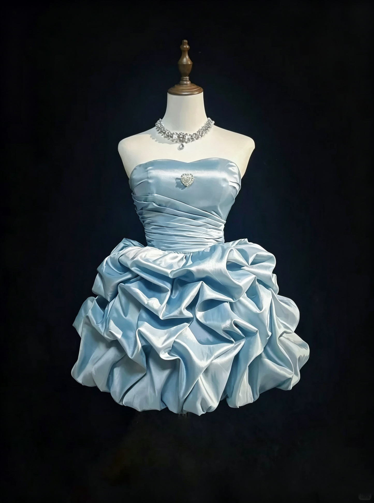 Elegant Blue Satin Pleated A Line Short Homecoming Dress,Strapless Mini Birthday Dress D3357