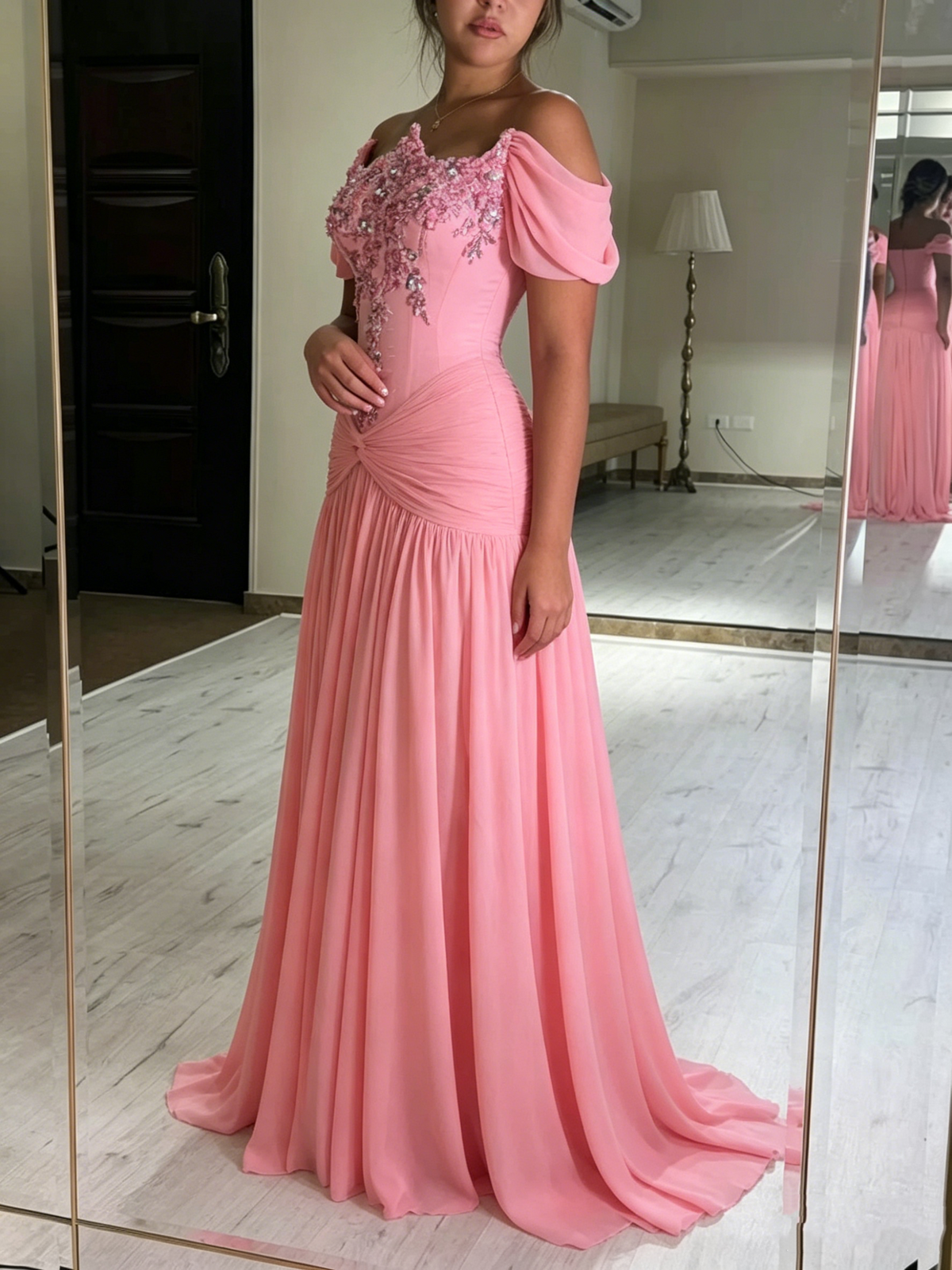 Cute Off The Shoulder Pink Chiffon Beaded Mermaid Long Party Dress Evening Gown D1304