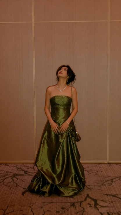 Elegant Olive Green Strapless Satin Sequin Long Birthday Party Dress Evening Gown  D1505