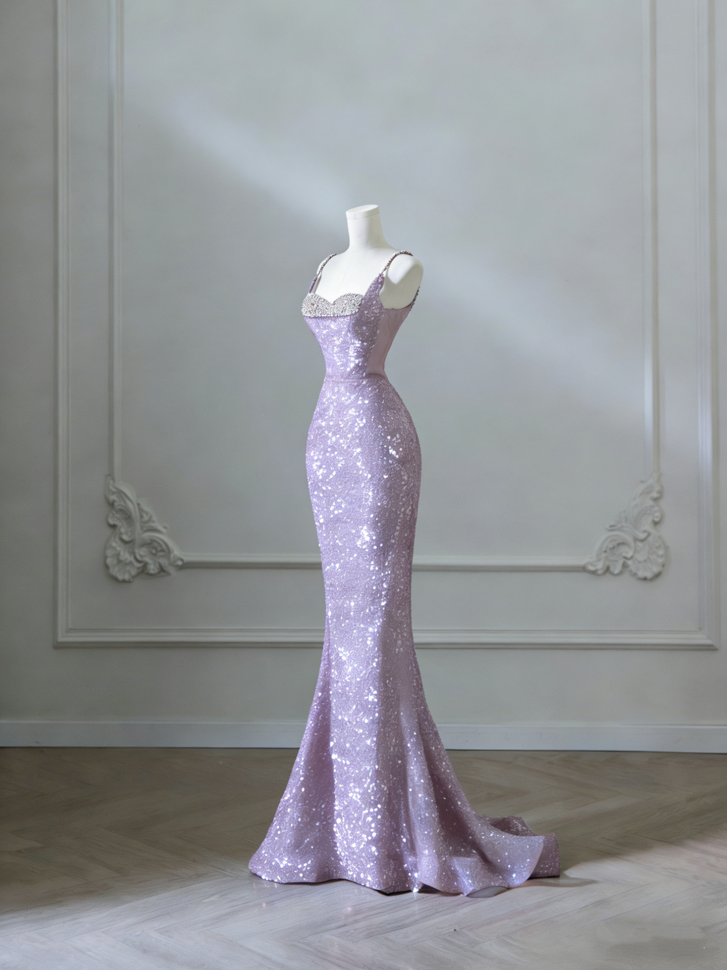 Sexy Mermaid Spaghetti Straps Sequin Burgundy Long Prom Dresses SD1515