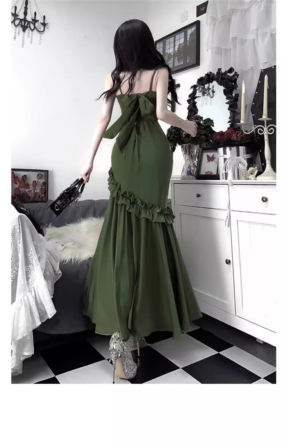 Chic Mermaid Straps Green Long Ruffles Prom Dresses Birthday Dress SD577