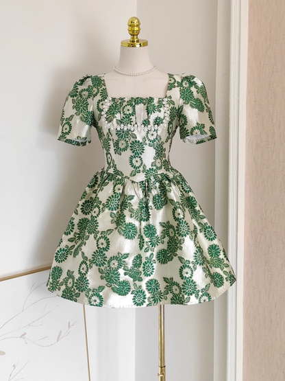 Cute A line Short Sleeves Satin Green Floral Cocktail Dress Short Birthday Outfits SD400